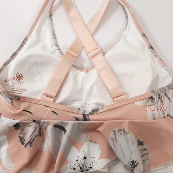 L'urv Pink Sports Bra Top Sz Small Peplum Floral Print Ruffle Cross Racer Back - Picture 6 of 7